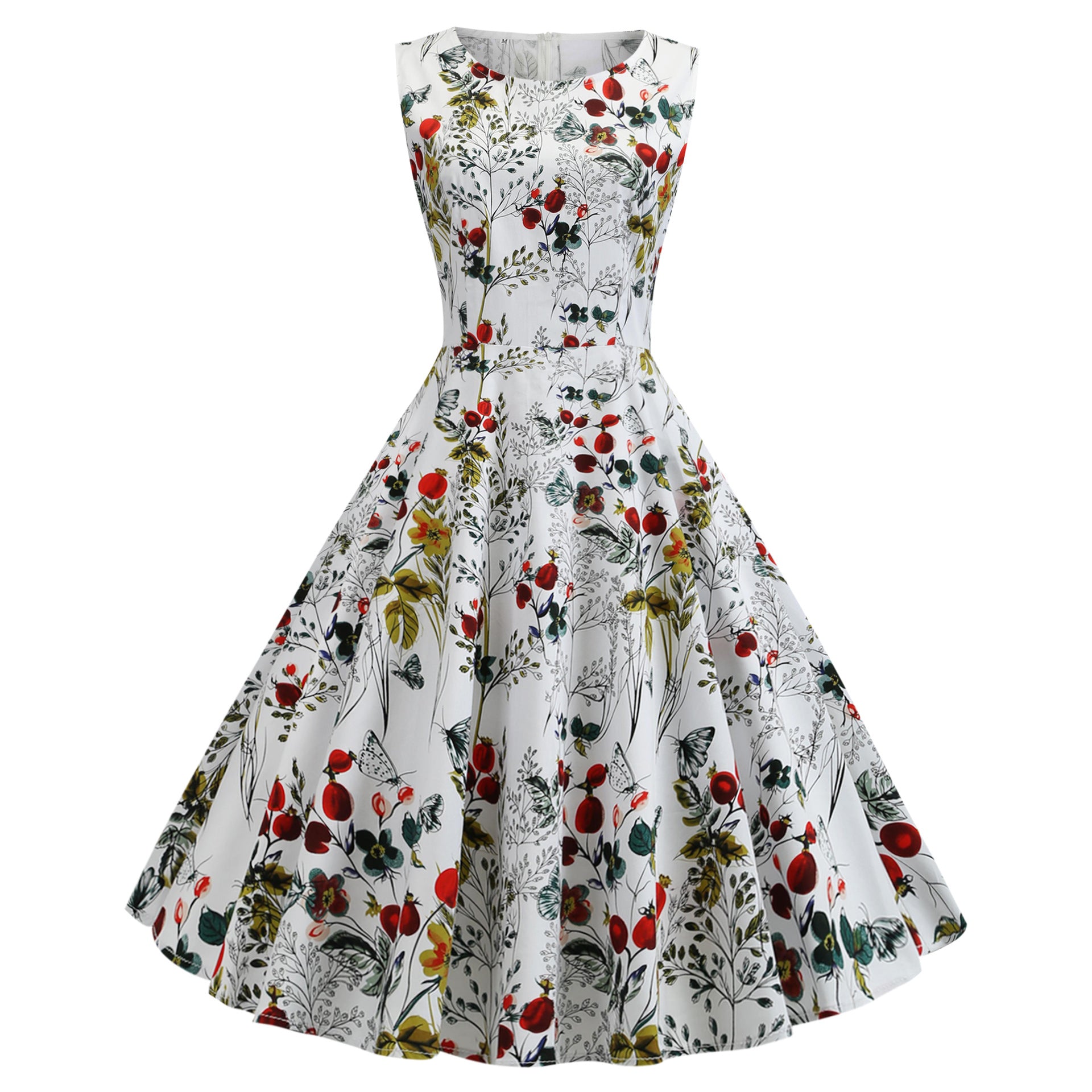 1950S Green Floral Sleeveless Vintage Swing Dress