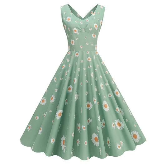 1950S Green Floral V-Neck Sleeveless Swing Vintage Dress