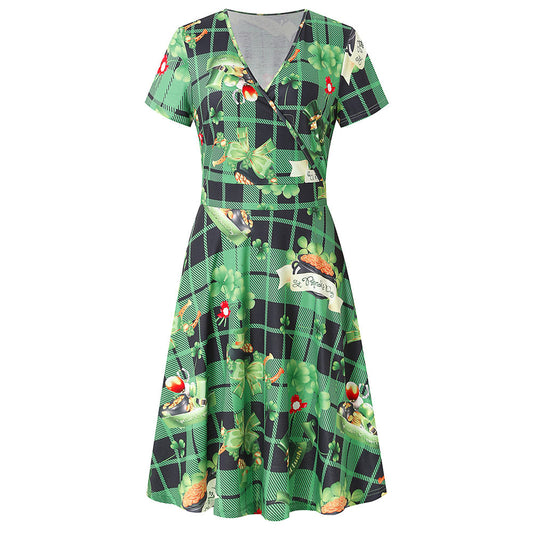 1950S Green Plaid Floral Print V-Neck Short Sleeve Vintage Dress