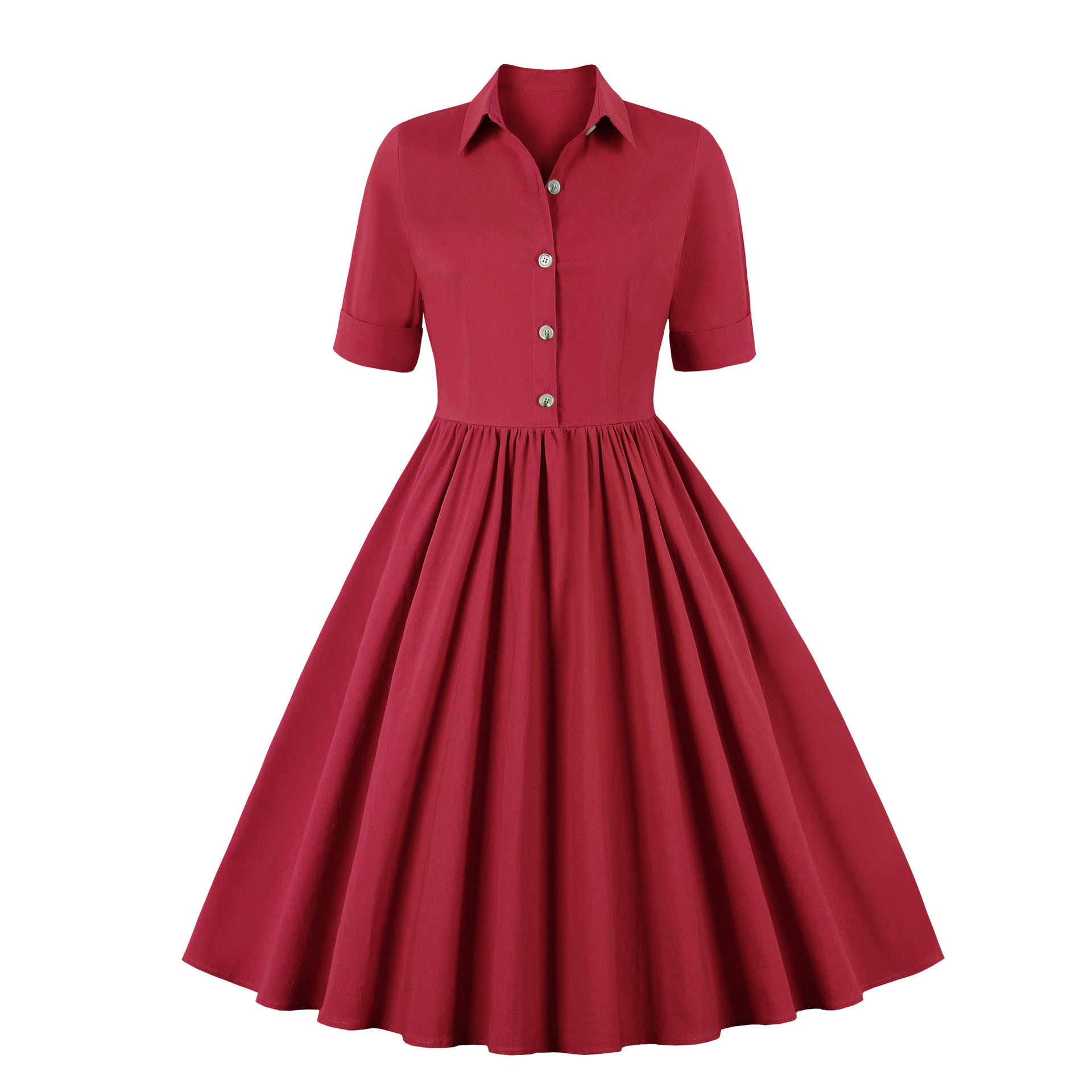 1950S Green Retro Button-Up Short Sleeve Vintage Dress