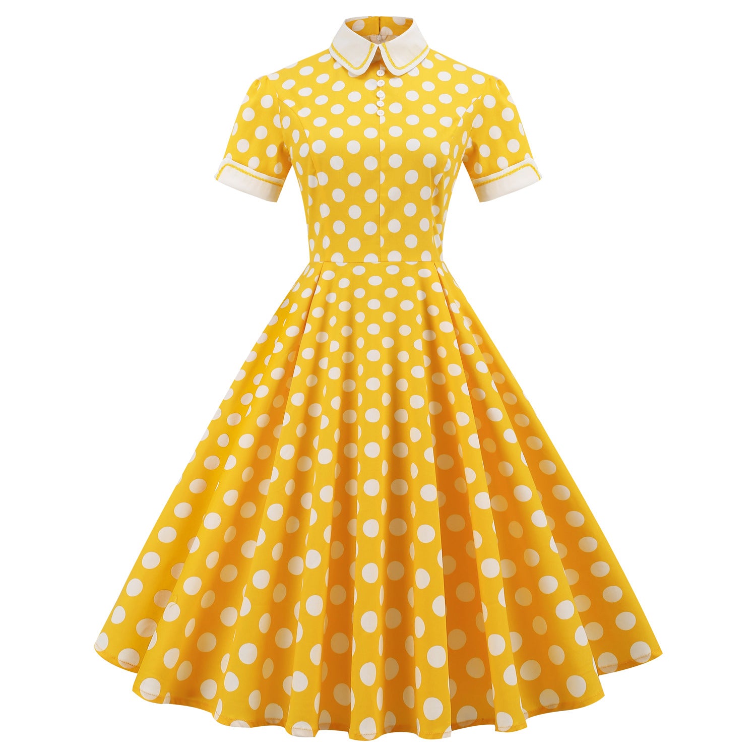1950S Green Retro Polka Dot Patchwork Belted Short Sleeve Vintage Dress