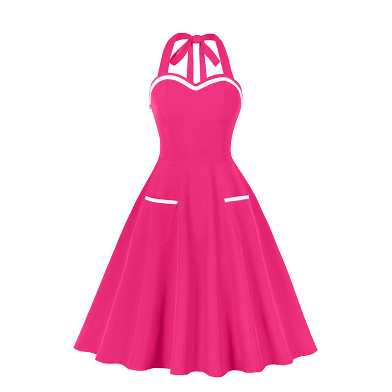 1950S Lavender and White Halter Neck Pocket Vintage Dress