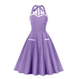 1950S Lavender and White Halter Neck Pocket Vintage Dress