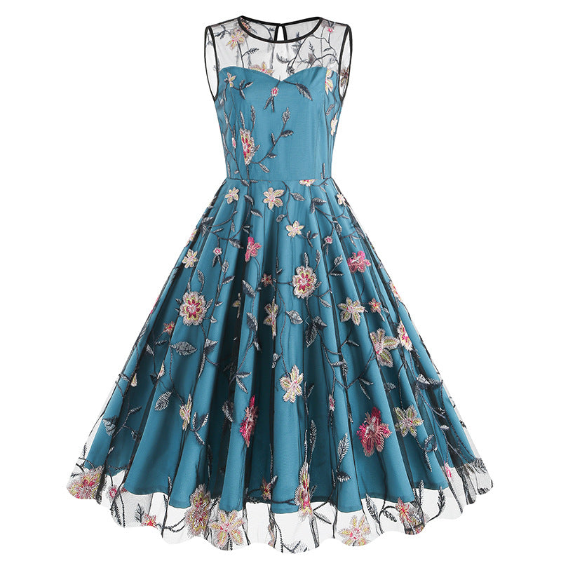 1950S Light Blue Floral Embroidery Sleeveless Vintage Swing Dress