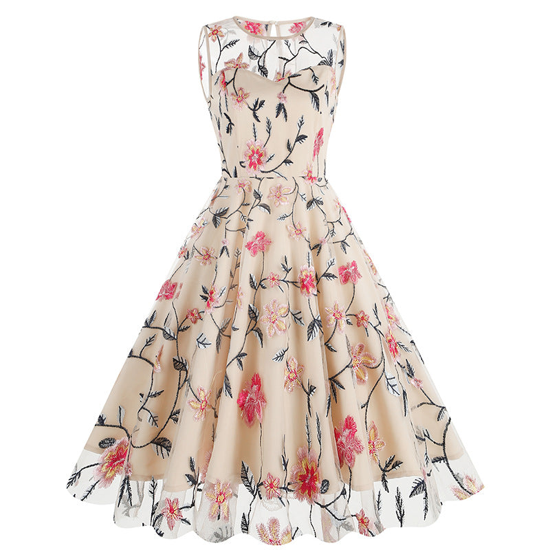 1950S Light Blue Floral Embroidery Sleeveless Vintage Swing Dress