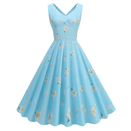 1950s Light Blue Floral Print Sleeveless Vintage Dress