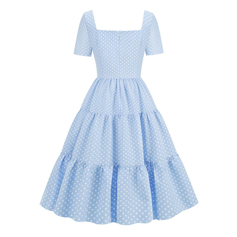 1950S Light Blue Polka Dot Tiered Short Sleeve Vintage Dress