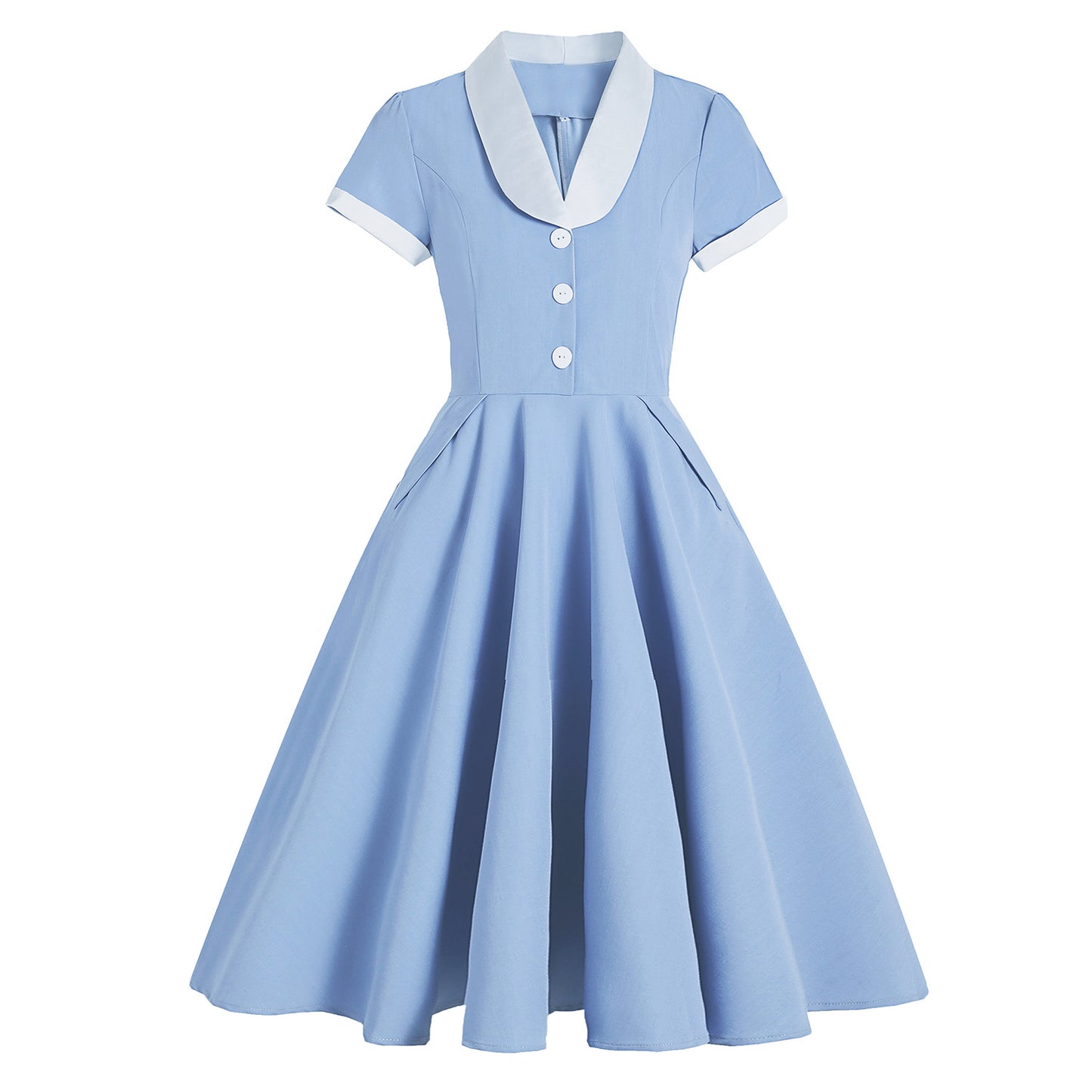 1950S Light Blue Retro Belted Short Sleeve Vintage Dress