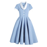 1950S Light Blue Retro Belted Short Sleeve Vintage Dress