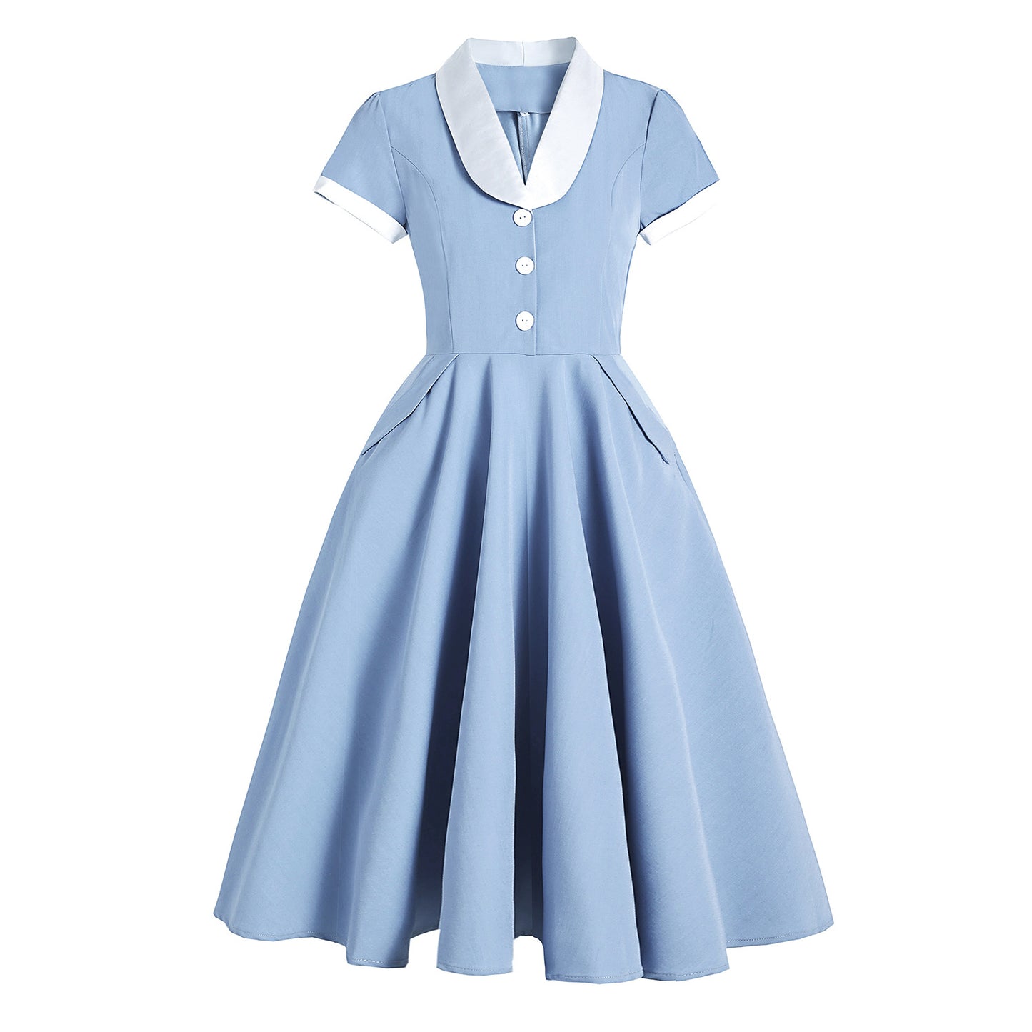 1950S Light Blue Retro Belted Short Sleeve Vintage Dress