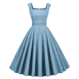 1950S Light Blue Retro Belted Sleeveless Vintage Swing Dress