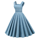 1950S Light Blue Retro Belted Sleeveless Vintage Swing Dress