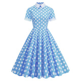 1950S Light Blue Retro Polka Dot Short Sleeve Vintage Dress