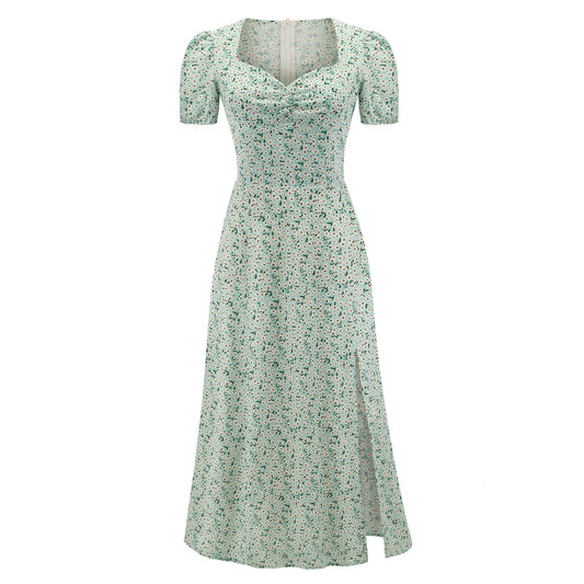 1950s Light Green Floral Print Short Sleeve Vintage Dress