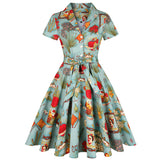 1950S Multi-Color Floral Button-Up Belted Short Sleeve Vintage Dress