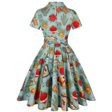 1950S Multi-Color Floral Button-Up Belted Short Sleeve Vintage Dress