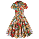 1950S Multi-Color Floral Button-Up Belted Short Sleeve Vintage Dress