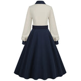 1950S Navy Blue and White Belted Long Sleeve Vintage Dress