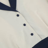 1950S Navy Blue and White Belted Long Sleeve Vintage Dress