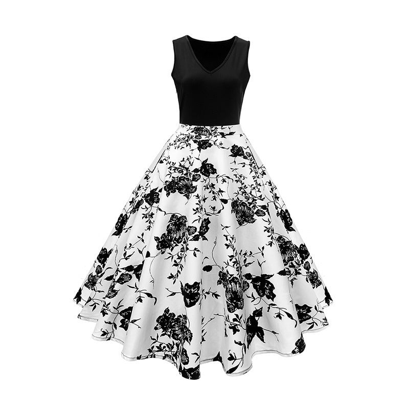 1950S Navy Blue Floral Print Sleeveless Vintage Dress