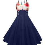 1950S Navy Blue Halter Striped Top Buttoned Vintage Dress