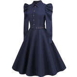 1950S Navy Blue Long Sleeve Belted Shirt Collar Vintage Dress