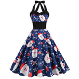1950s Navy Blue Retro Santa Print Halter Neck Vintage Dress