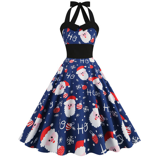 1950s Navy Blue Retro Santa Print Halter Neck Vintage Dress