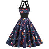 1950s Navy Blue Retro Santa Print Halter Neck Vintage Dress