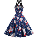 1950s Navy Blue Retro Santa Print Halter Neck Vintage Dress