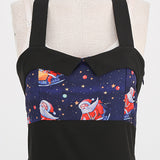 1950s Navy Blue Retro Santa Print Halter Neck Vintage Dress