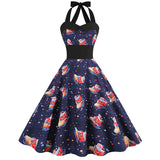 1950s Navy Blue Retro Santa Print Halter Neck Vintage Dress