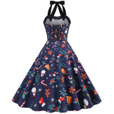 1950s Navy Blue Retro Santa Print Halter Neck Vintage Dress