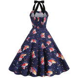 1950s Navy Blue Retro Santa Print Halter Neck Vintage Dress