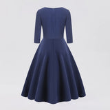 1950s Navy Blue Retro Three-Quarter Sleeve Sweetheart Neckline Vintage Dress