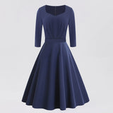 1950s Navy Blue Retro Three-Quarter Sleeve Sweetheart Neckline Vintage Dress