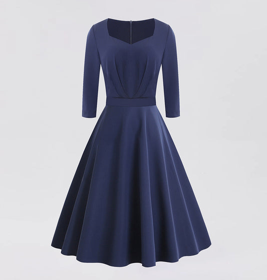 1950s Navy Blue Retro Three-Quarter Sleeve Sweetheart Neckline Vintage Dress