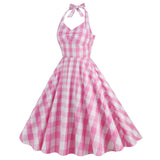 1950S Pink and White Gingham Halter Neck Vintage Swing Dress