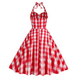 1950S Pink and White Gingham Halter Neck Vintage Swing Dress