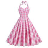 1950S Pink and White Gingham Halter Neck Vintage Swing Dress