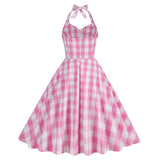1950S Pink and White Gingham Halter Neck Vintage Swing Dress