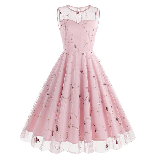1950S Pink Floral Mesh Overlay Sleeveless Sweetheart Neckline Vintage Dress