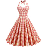 1950S Pink Plaid Halter Neck Vintage Swing Dress