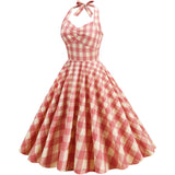 1950S Pink Plaid Halter Neck Vintage Swing Dress