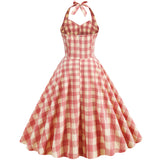 1950S Pink Plaid Halter Neck Vintage Swing Dress