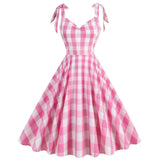 1950S Pink Plaid Retro Bow Detail Sleeveless Vintage Dress
