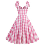 1950S Pink Plaid Retro Bow Detail Sleeveless Vintage Dress