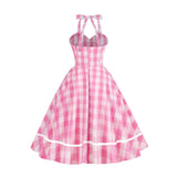 1950S Pink Plaid Retro Halter Button Detail Vintage Dress
