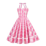 1950S Pink Plaid Retro Halter Button Detail Vintage Dress