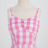 1950S Pink Retro Gingham Halter Belted Sleeveless Vintage Dress